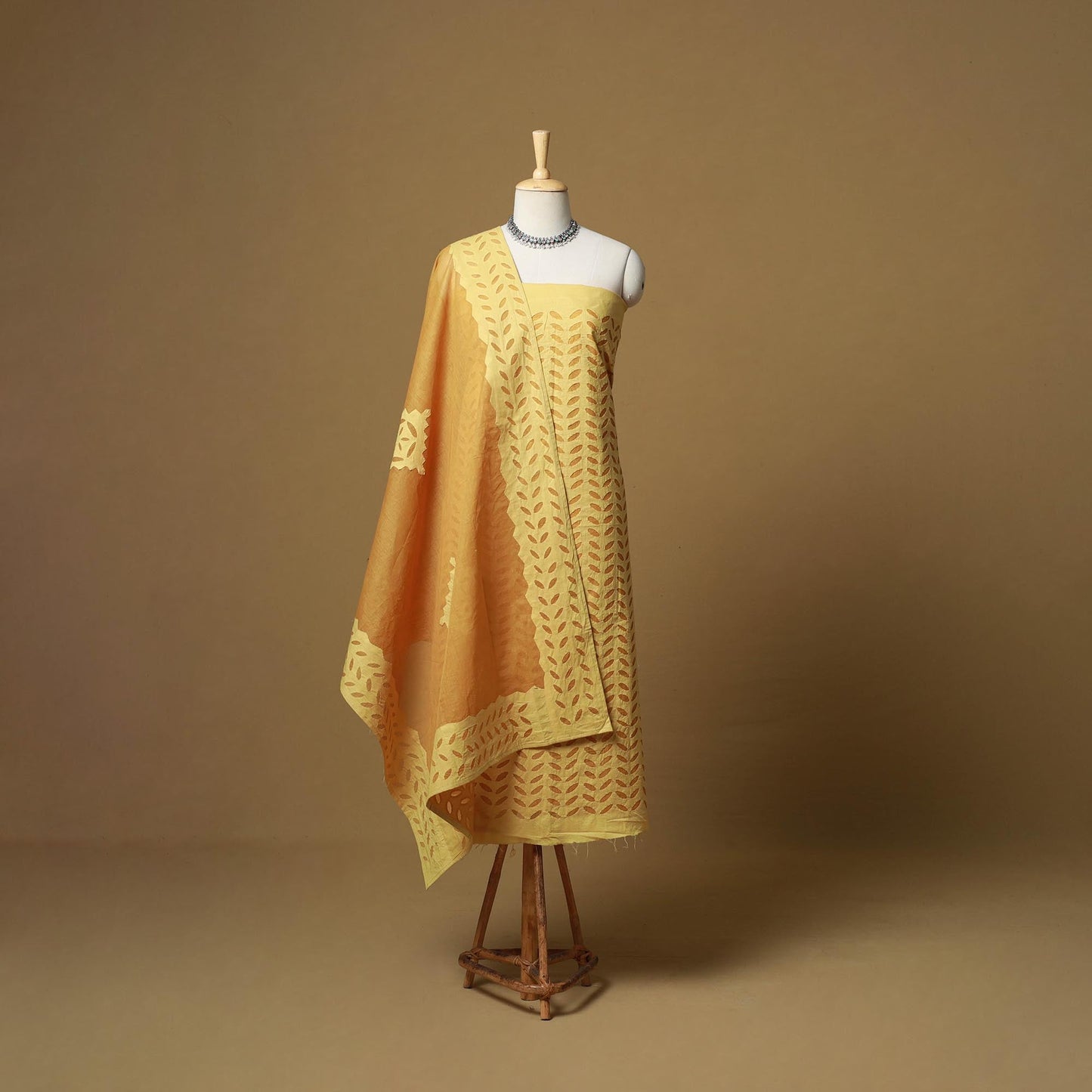 Yellow - barmer cut work cotton applique 3pc unstitched