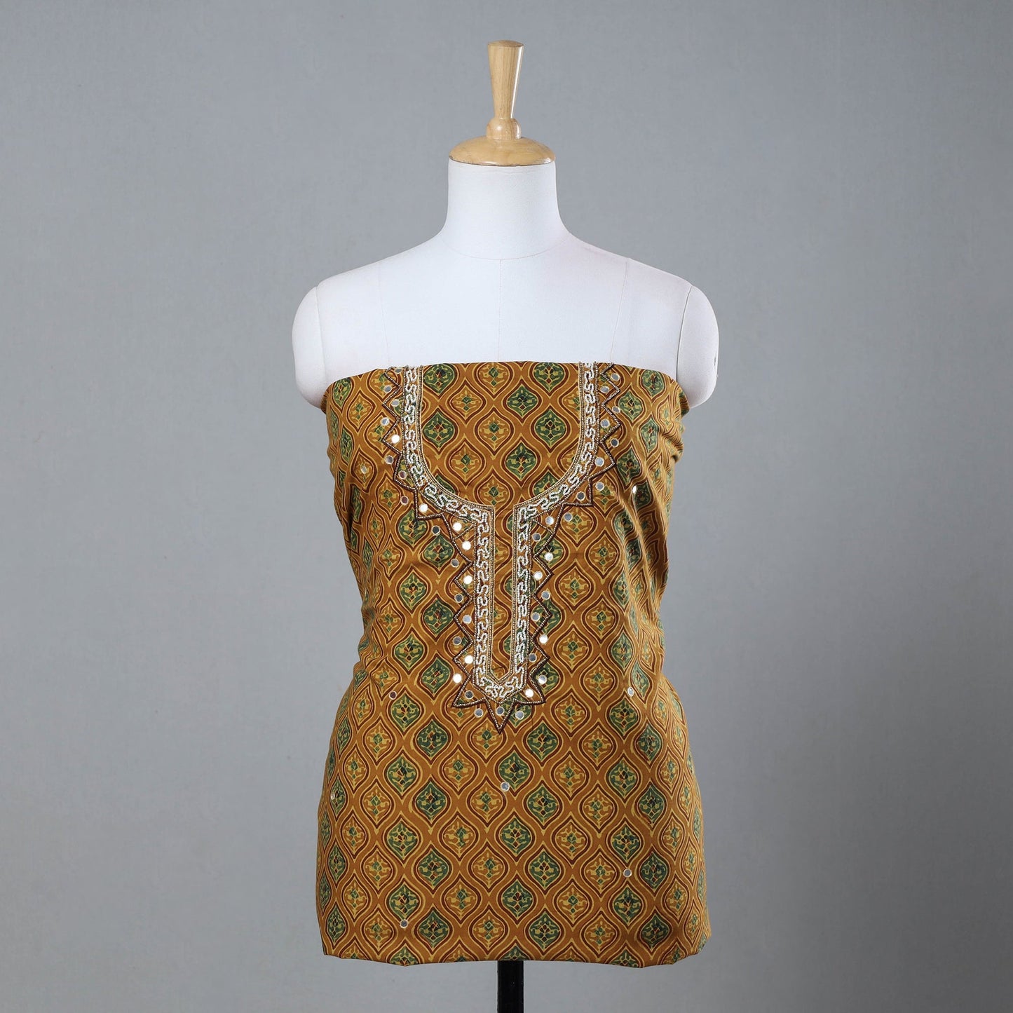   Bead Work Embroidery Ajrakh Block Printed Cotton Kurta Material 
