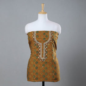   Bead Work Embroidery Ajrakh Block Printed Cotton Kurta Material 