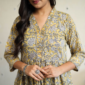  yellow Beadwork Flared Cotton Block Print Sanganeri Kurta