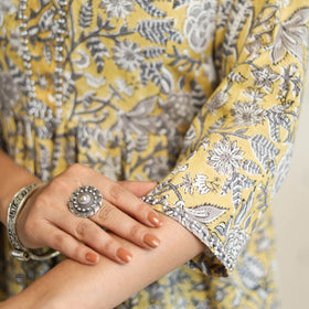  yellow Beadwork Flared Cotton Block Print Sanganeri Kurta