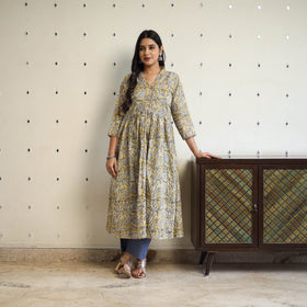  yellow Beadwork Flared Cotton Block Print Sanganeri Kurta