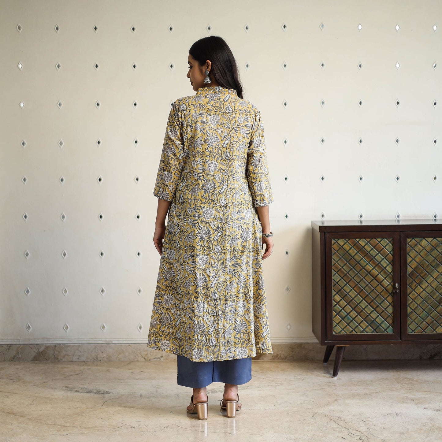  yellow Beadwork Flared Cotton Block Print Sanganeri Kurta