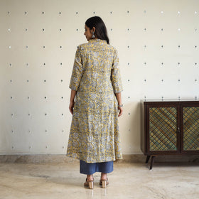  yellow Beadwork Flared Cotton Block Print Sanganeri Kurta