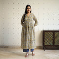  yellow Beadwork Flared Cotton Block Print Sanganeri Kurta