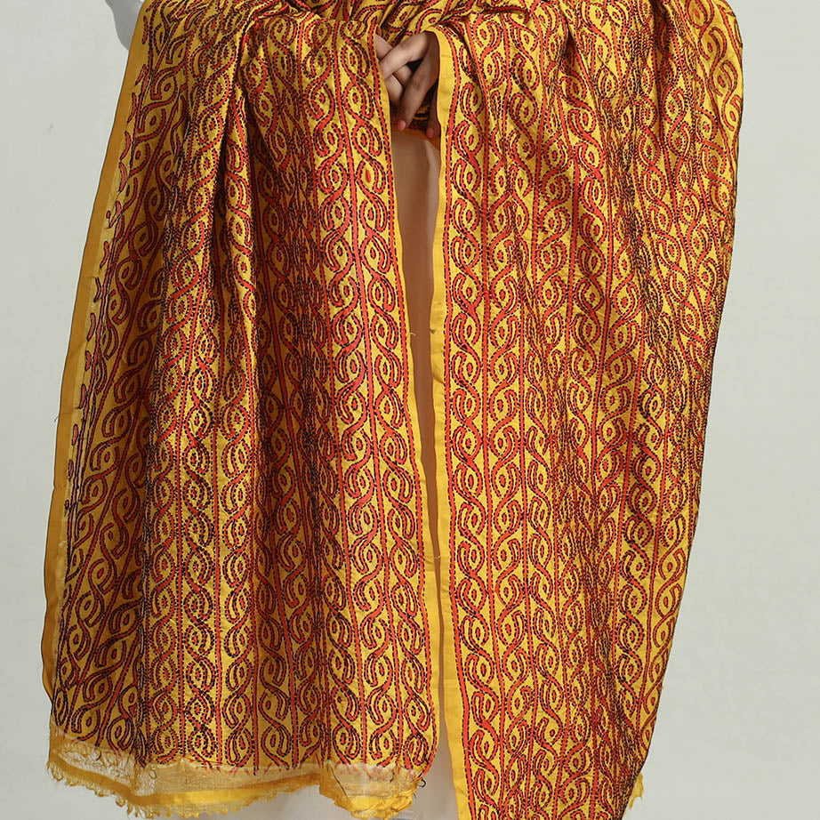  Bengal Kantha Embroidery Block Printed Silk Handloom Dupatta 17 
