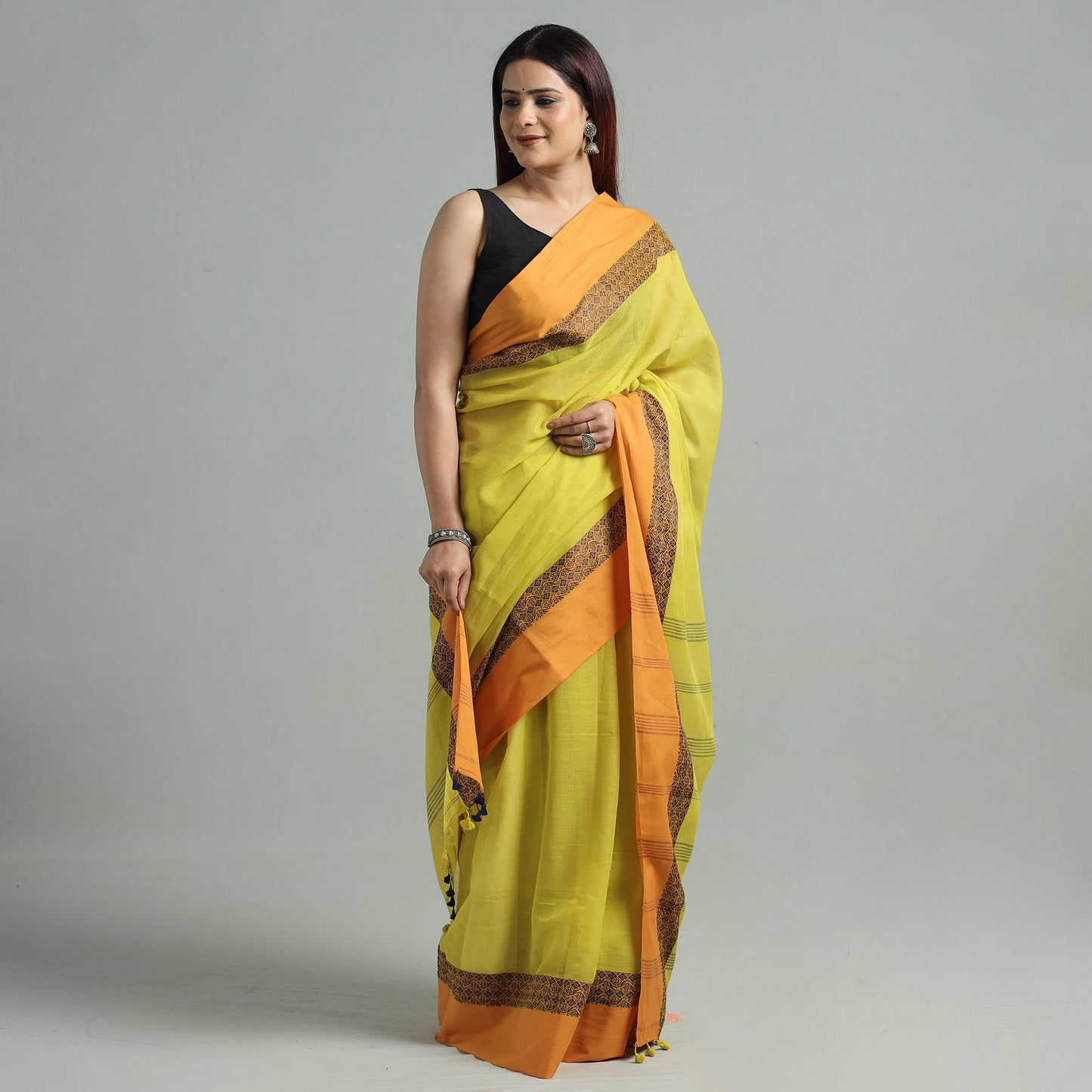 Yellow - bengal woven border handloom pure cotton saree 53