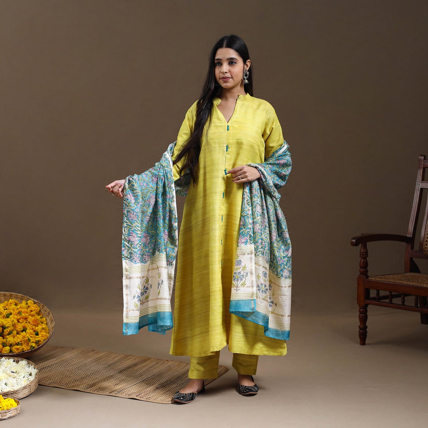  Yellow Bhagalpuri Handloom Desi Tussar Silk Kurta Set