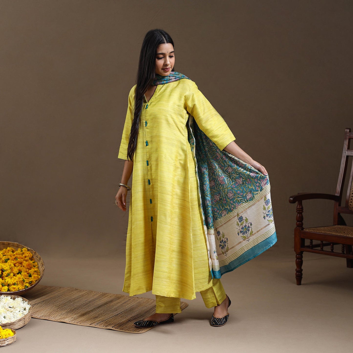  Yellow Bhagalpuri Handloom Desi Tussar Silk Kurta Set
