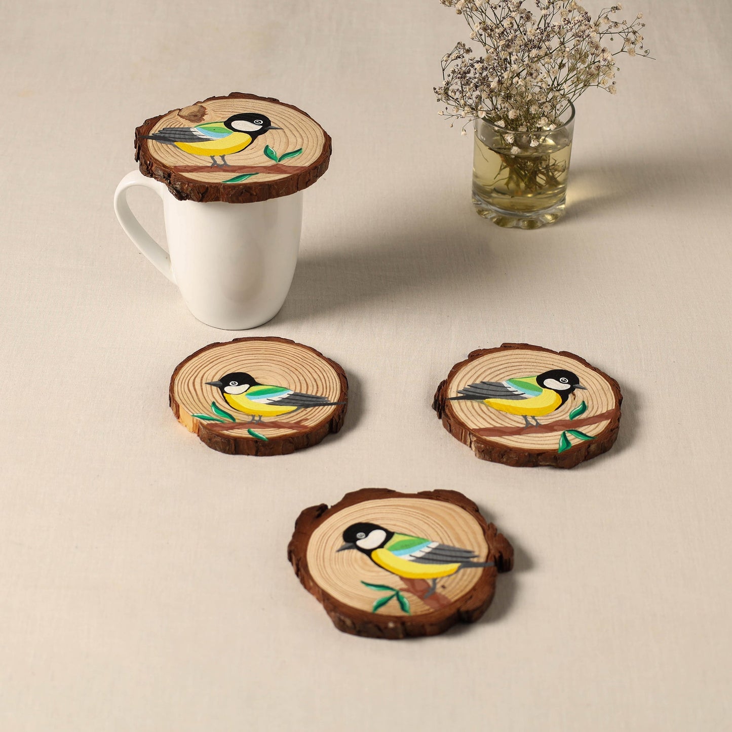 Birds - handpainted pine wood coaster (set of 4) 10