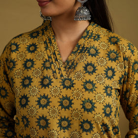  Yellow Block Print Cotton Ajrakh Kurta Set with Dupatta
