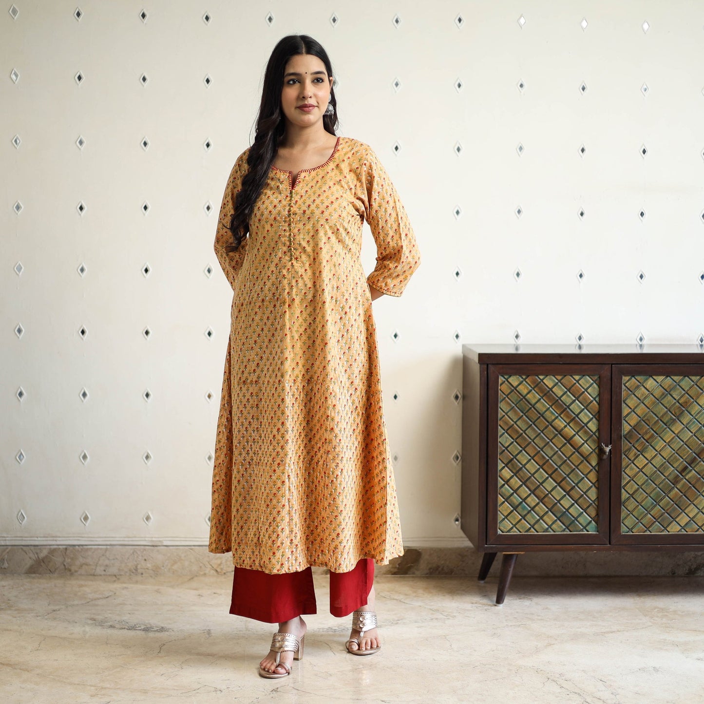 Yellow Block Print Cotton A-Line Sanganeri Kurta for Women