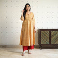 Yellow Block Print Cotton A-Line Sanganeri Kurta for Women