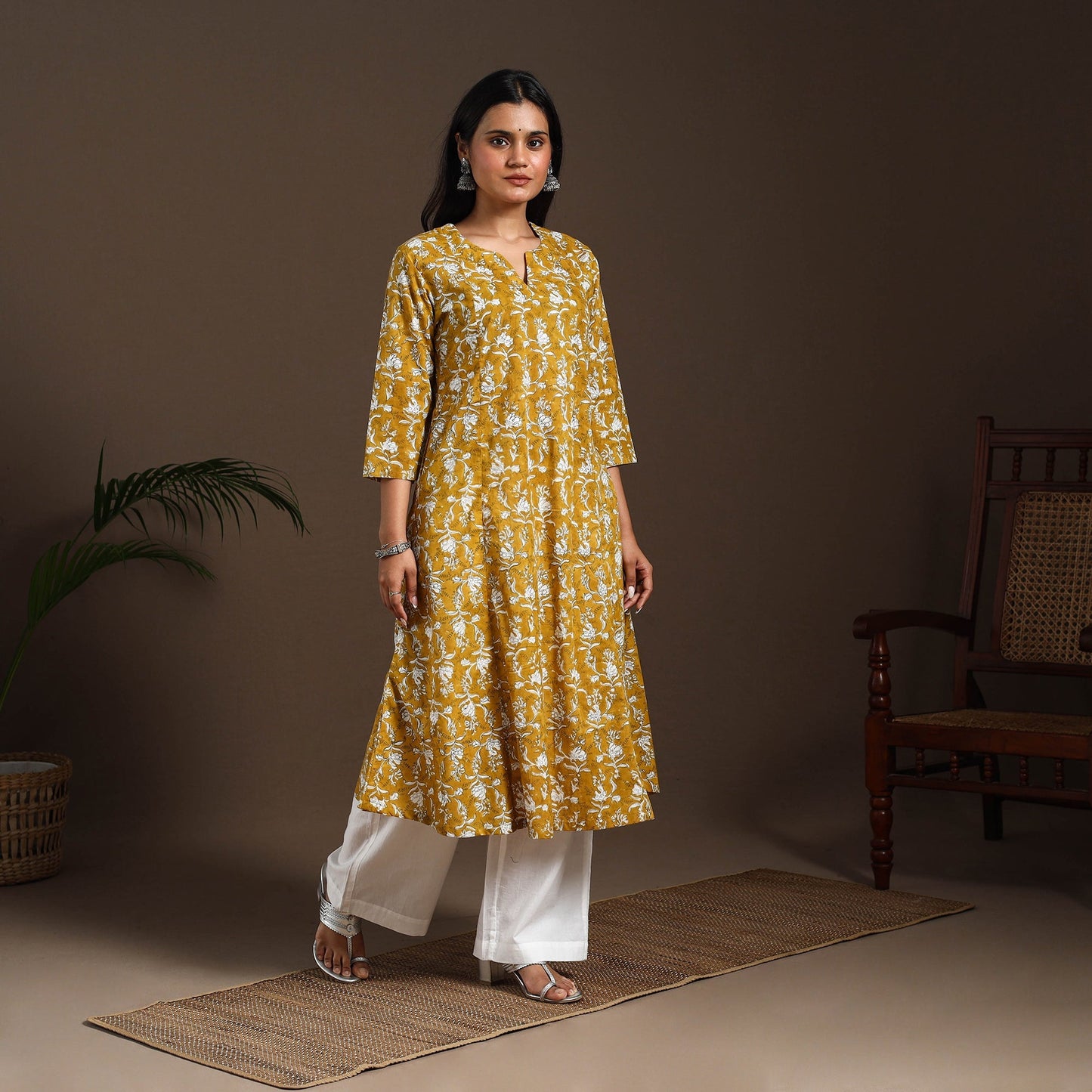 Yellow - cotton a-line sanganeri kurta 09 - handcrafted
