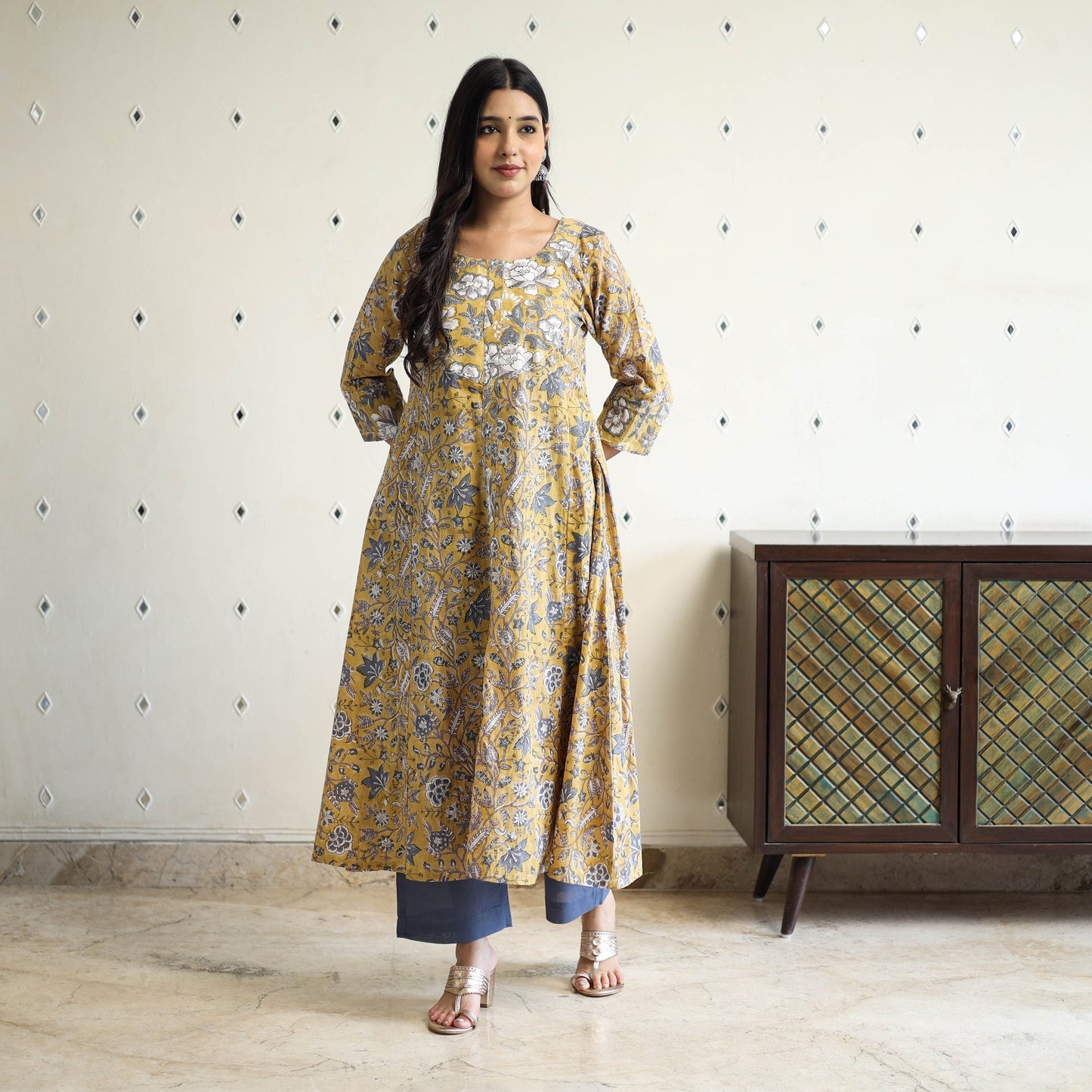 Yellow Block Print Cotton A-Line Sanganeri Kurta for Women