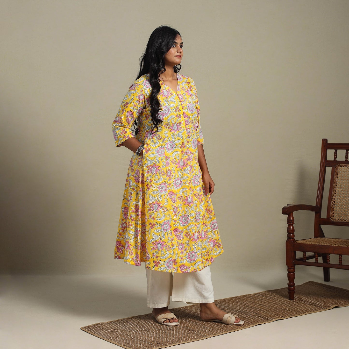 Yellow Block Print Cotton A-Line Sanganeri Kurta