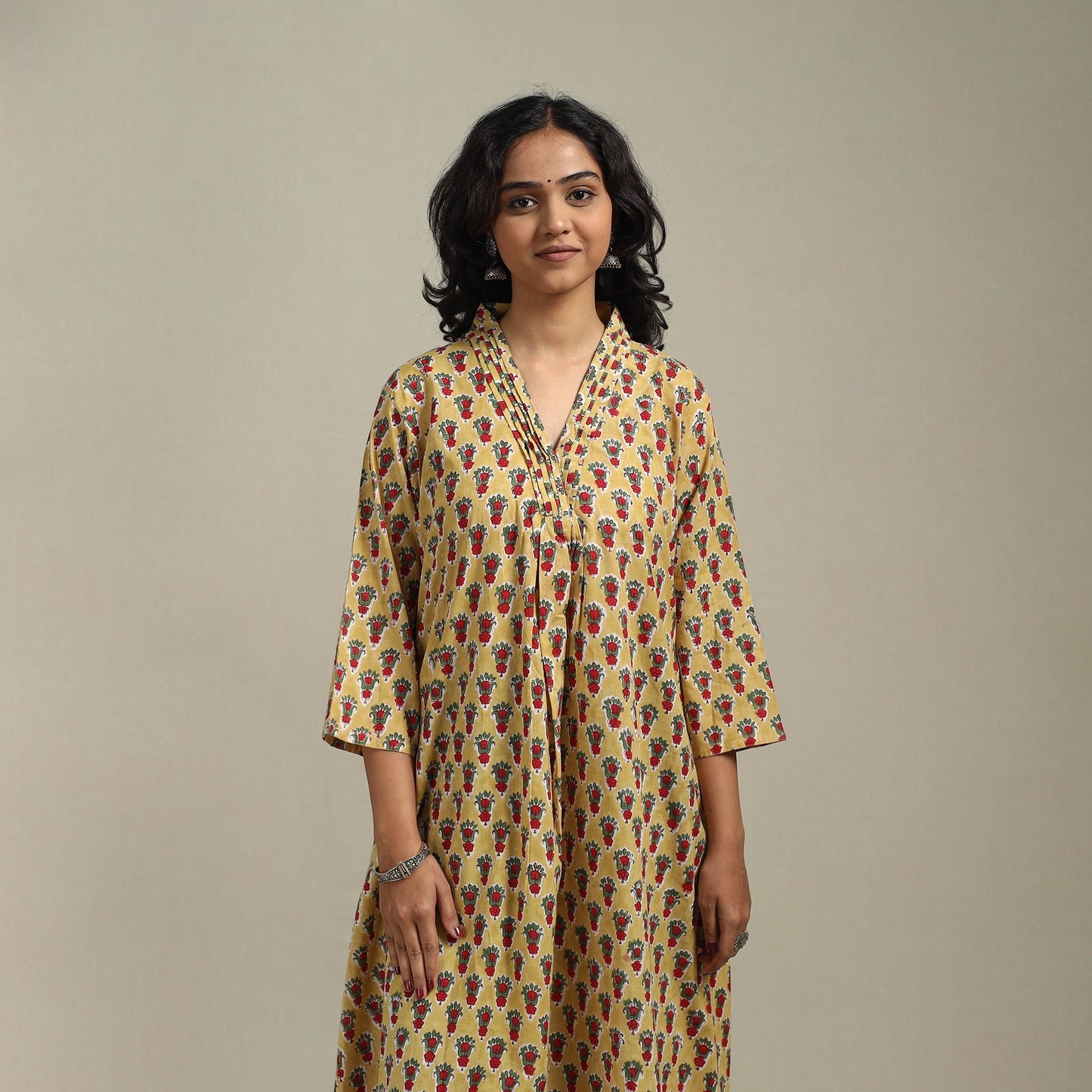 Yellow - cotton a-line sanganeri kurta 32 - handcrafted