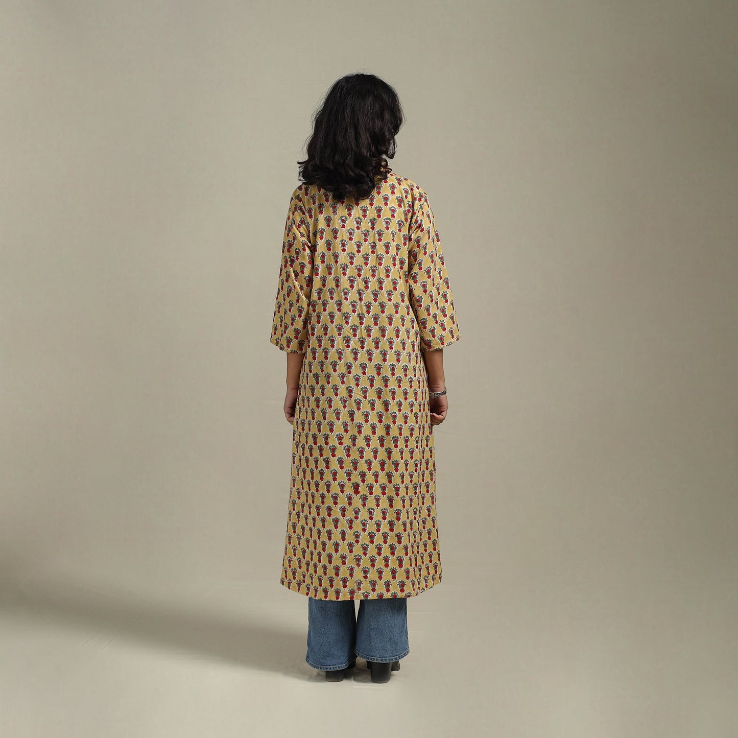Yellow - cotton a-line sanganeri kurta 32 - handcrafted