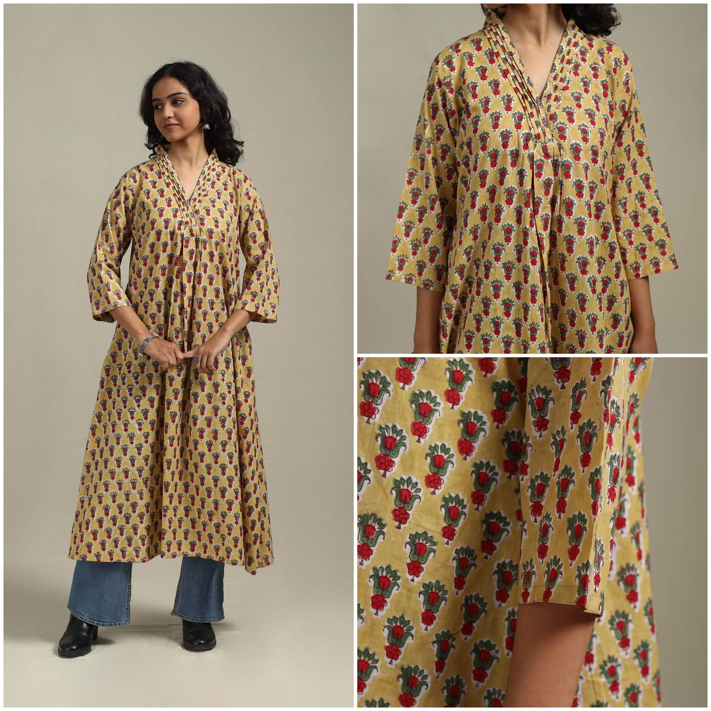 Yellow - cotton a-line sanganeri kurta 32 - handcrafted