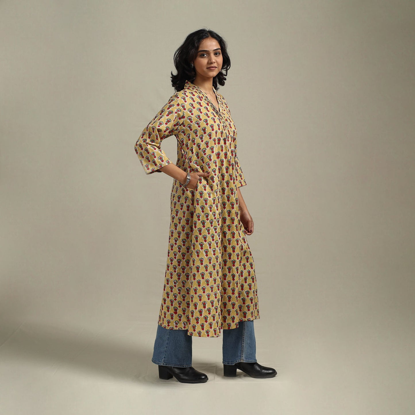 Yellow - cotton a-line sanganeri kurta 32 - handcrafted