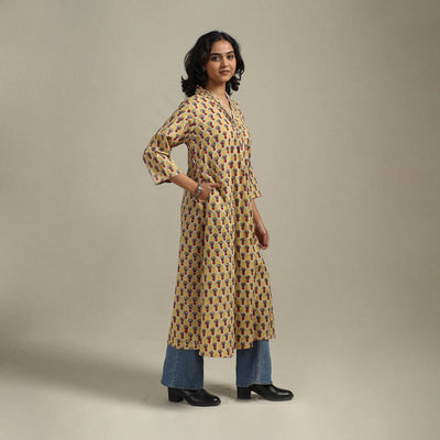Yellow - cotton a-line sanganeri kurta 32 - handcrafted