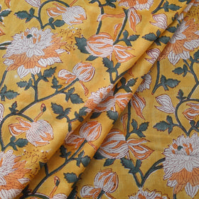 Yellow Block Print Cotton Sanganeri Fabric