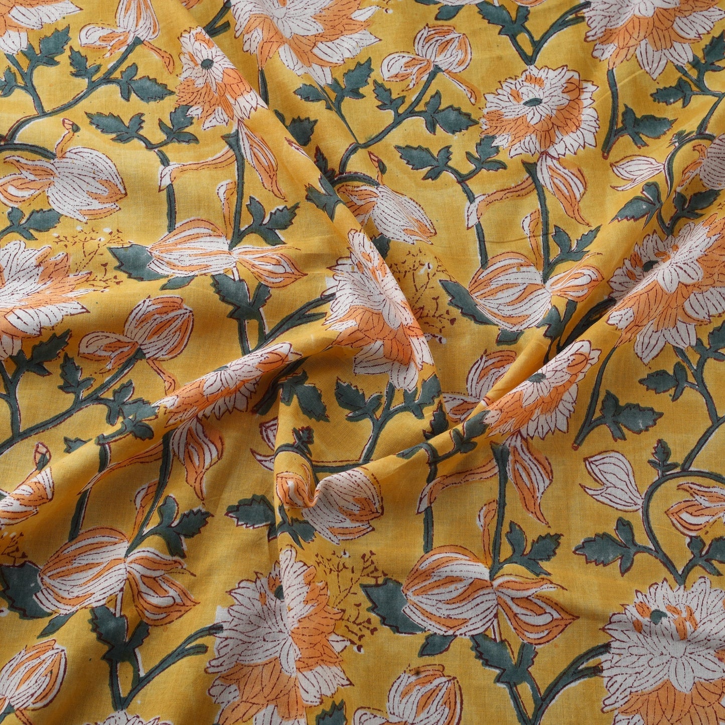 Yellow Block Print Cotton Sanganeri Fabric