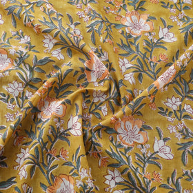 Yellow Block Print Cotton Sanganeri Fabric