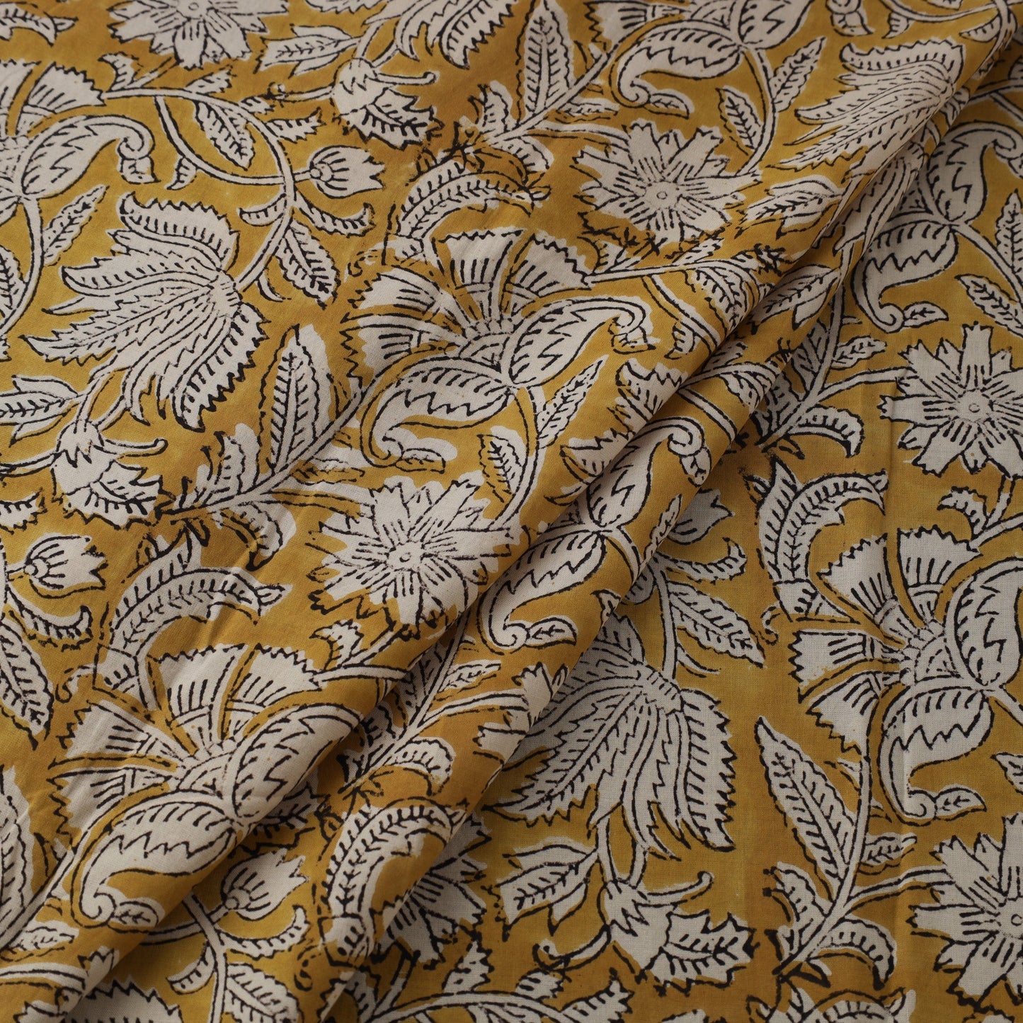 Yellow Block Print Cotton Sanganeri Fabric