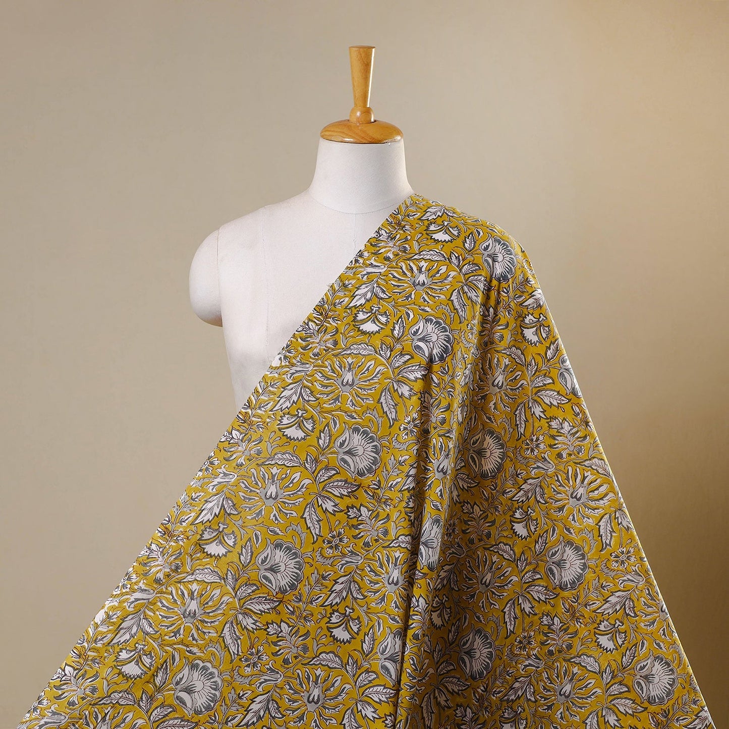 Yellow Block Print Cotton Sanganeri Fabric