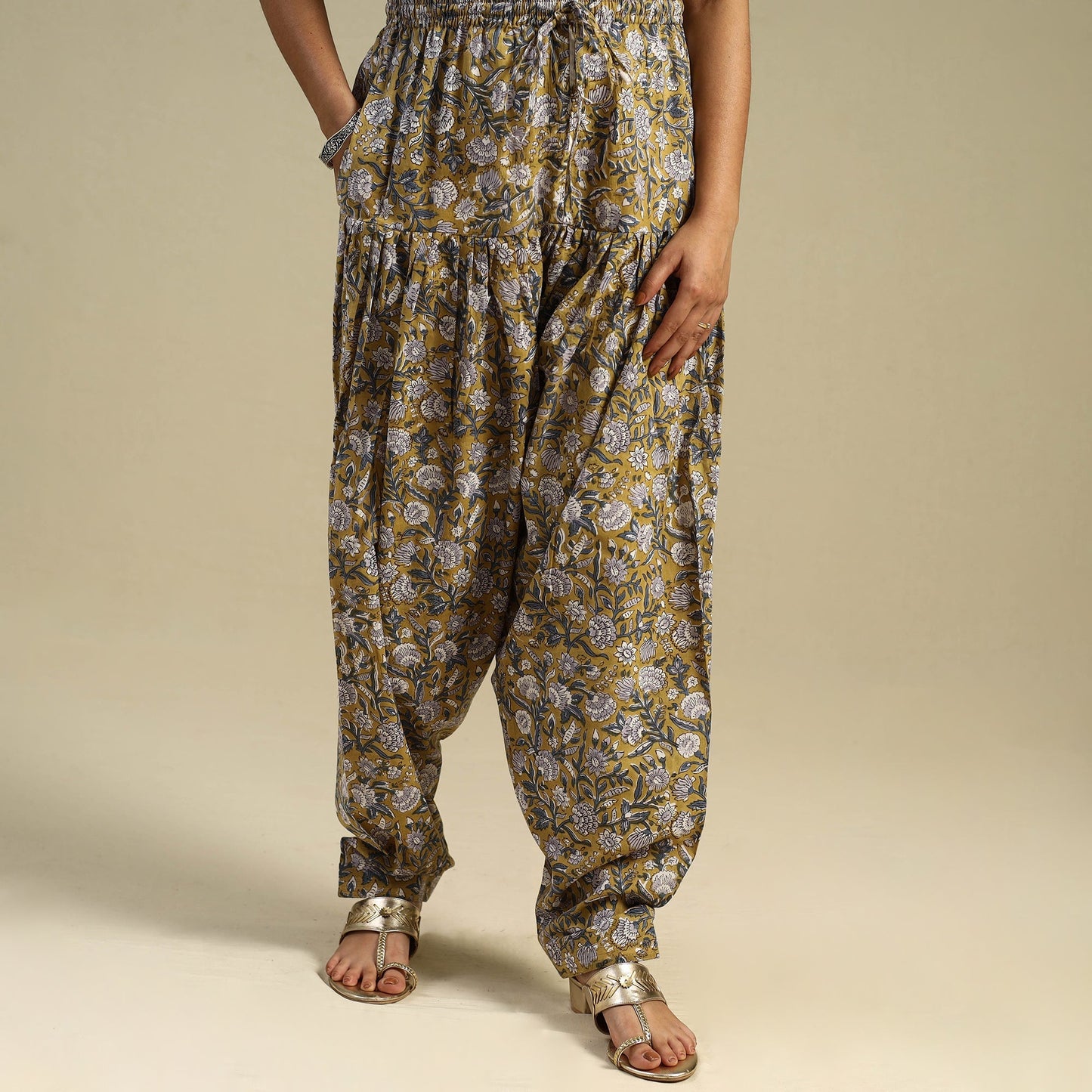 Yellow Block Print Cotton Sanganeri Salwar