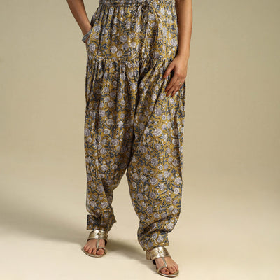 Yellow Block Print Cotton Sanganeri Salwar