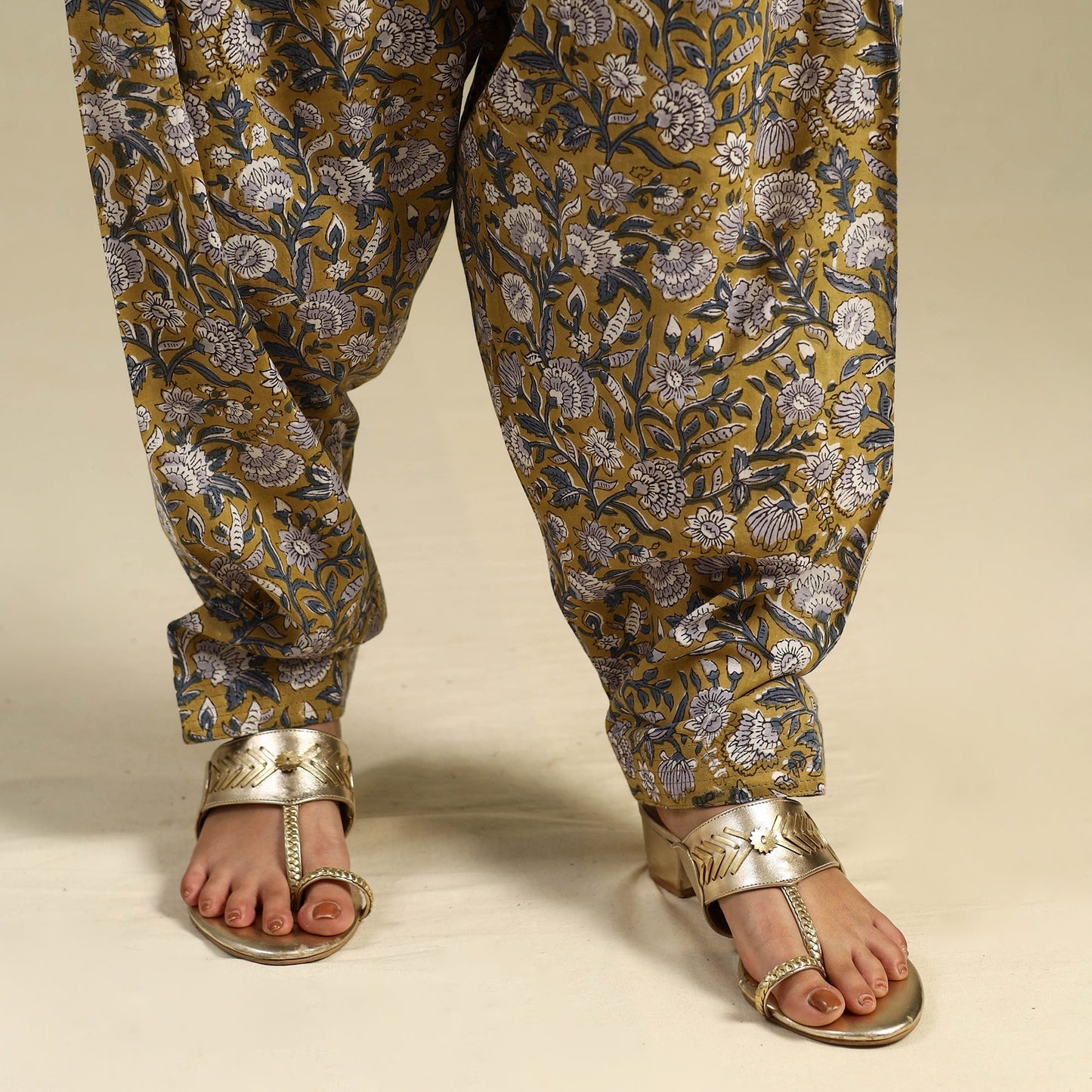 Yellow Block Print Cotton Sanganeri Salwar