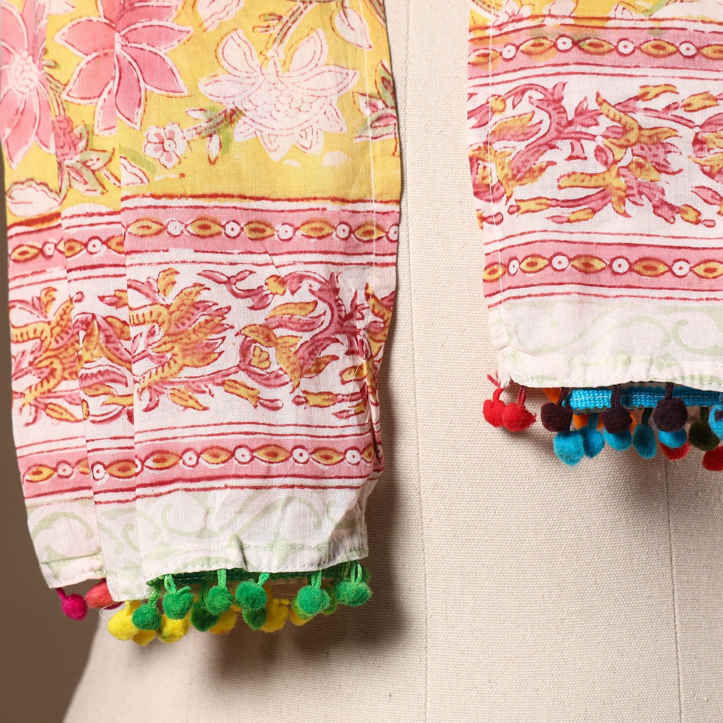 Yellow - cotton sanganeri stole with pom 33 - handcrafted