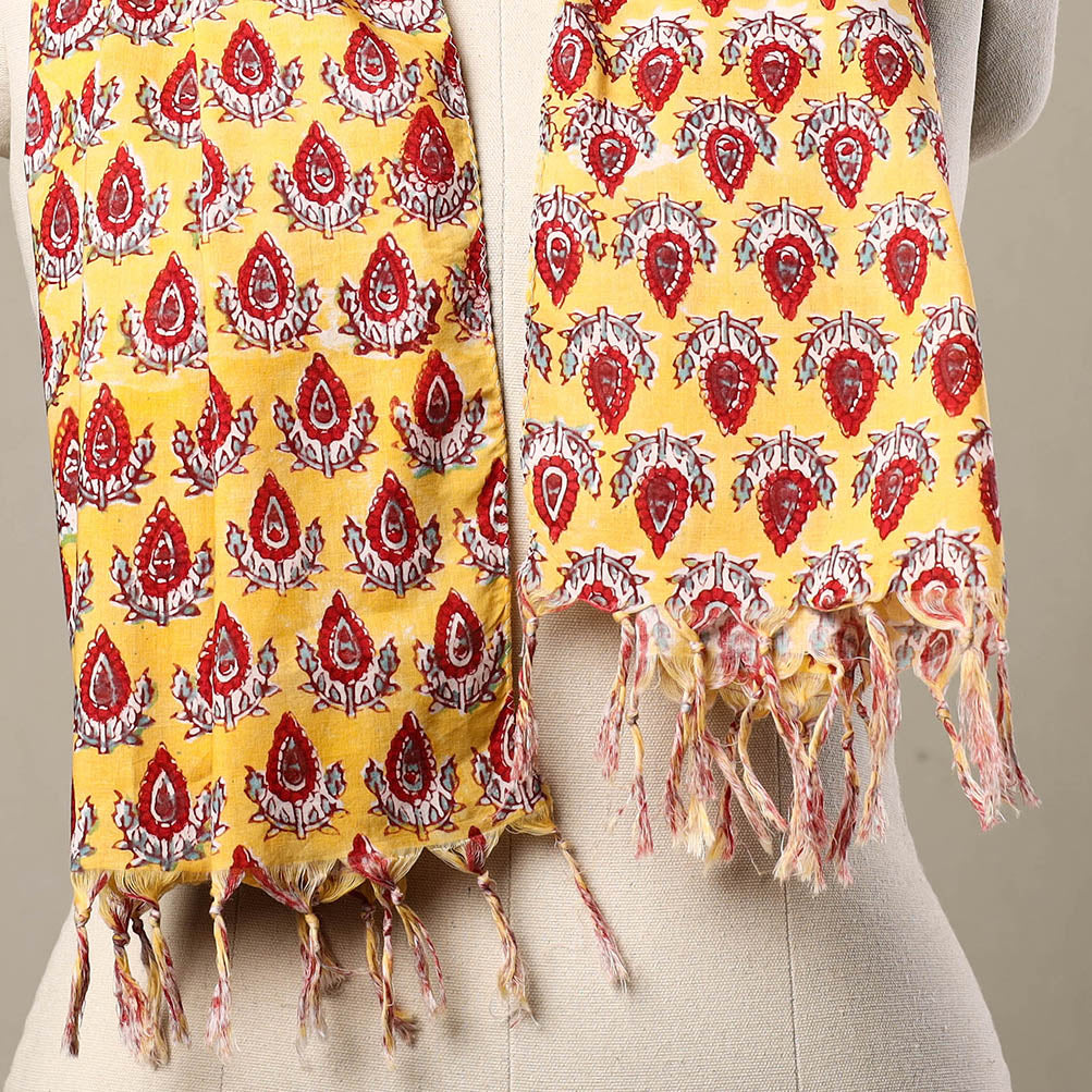 Buy Block Print Cotton Yellow Sanganeri Stole with Tassels