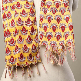 Buy Block Print Cotton Yellow Sanganeri Stole with Tassels
