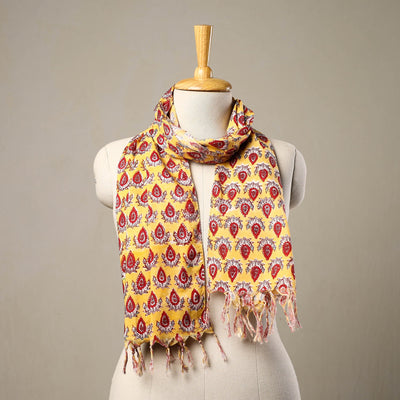 Buy Block Print Cotton Yellow Sanganeri Stole with Tassels