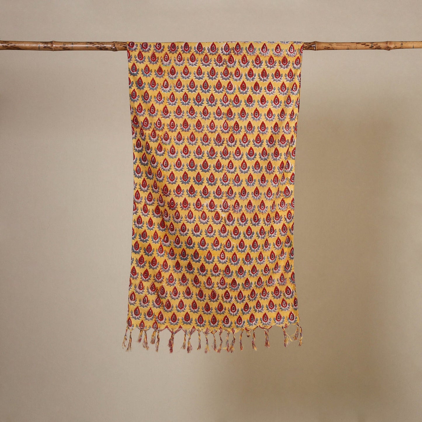 Yellow Block Print Cotton Sanganeri Stole with Tassels