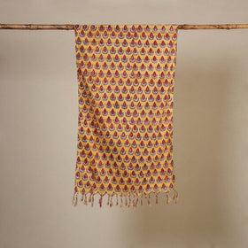 Yellow Block Print Cotton Sanganeri Stole with Tassels