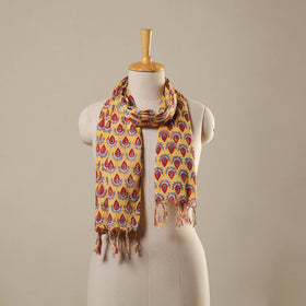 Yellow Block Print Cotton Sanganeri Stole with Tassels