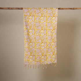 Yellow Block Print Cotton Sanganeri Stole with Tassels