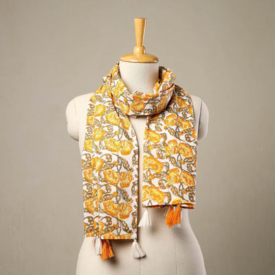 Buy Yellow Block Print Cotton Sanganeri Stole with Tassels