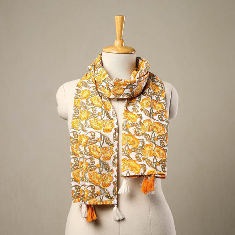 Buy Yellow Block Print Cotton Sanganeri Stole with Tassels