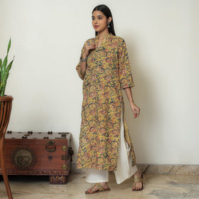  Yellow Block Print Cotton Straight Kalamkari Kurta for Women