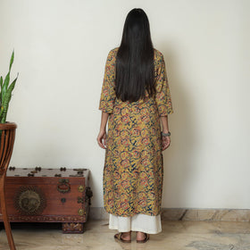  Yellow Block Print Cotton Straight Kalamkari Kurta for Women