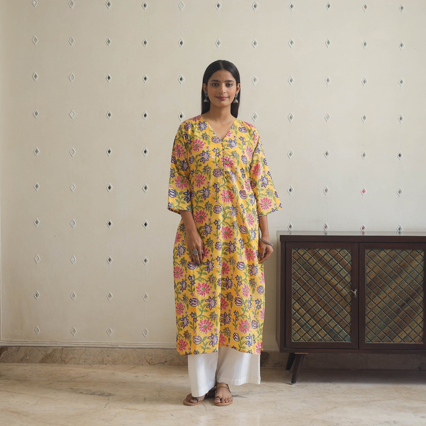  Yellow Block Print Cotton Straight Sanganeri Kurta 