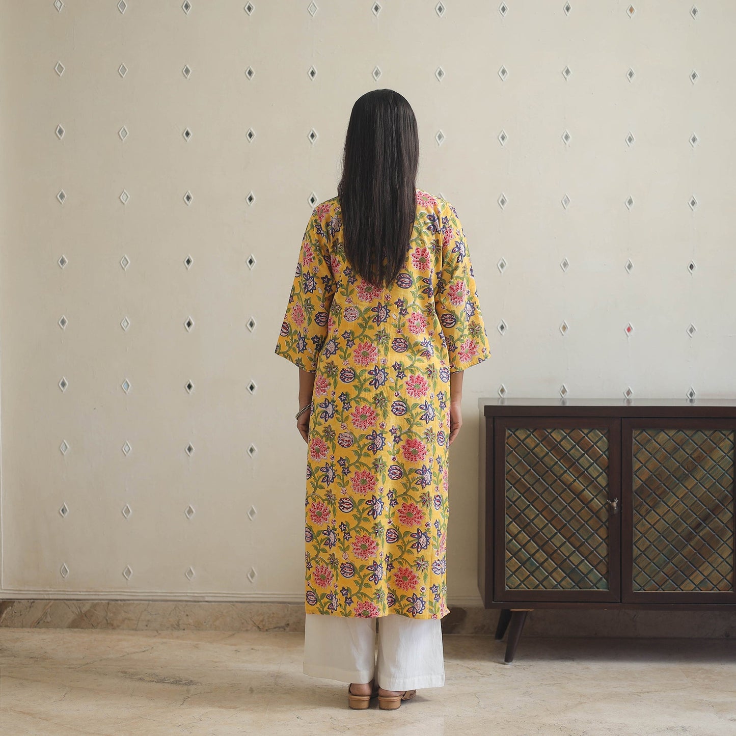  Yellow Block Print Cotton Straight Sanganeri Kurta 