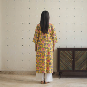  Yellow Block Print Cotton Straight Sanganeri Kurta 