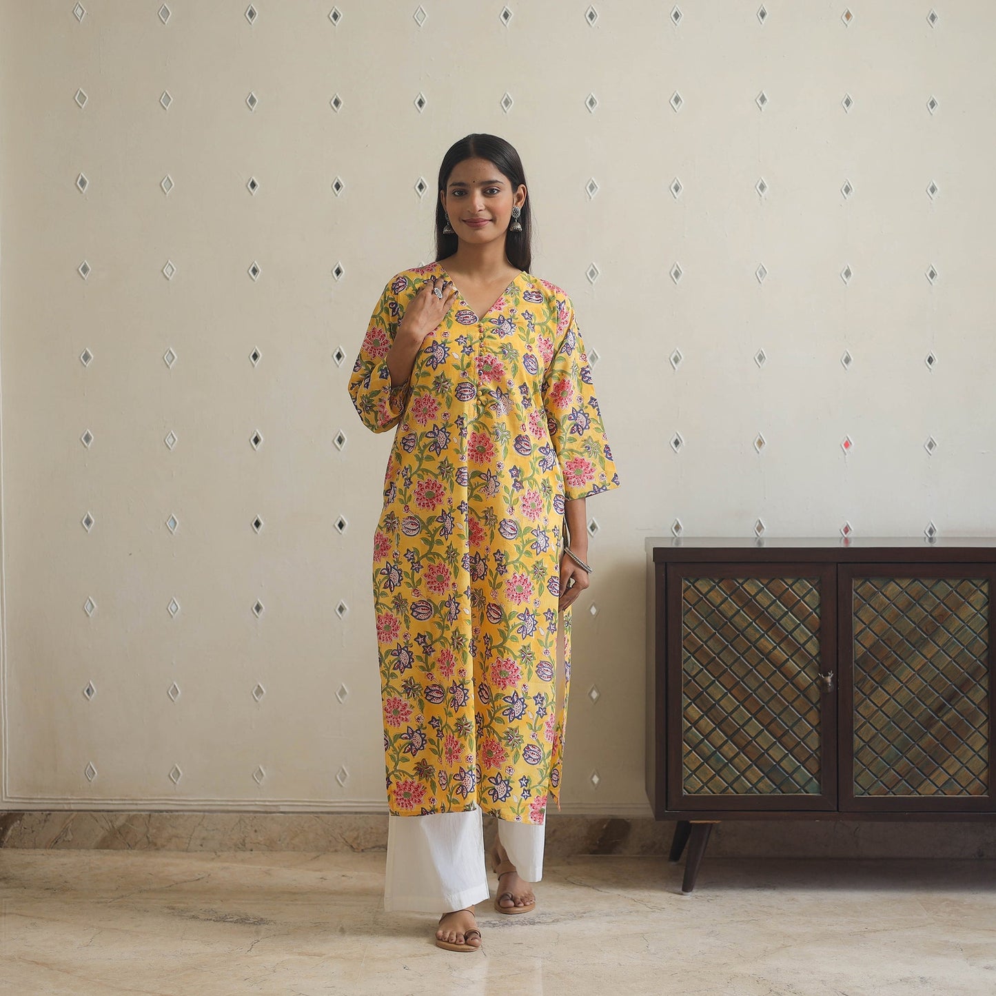  Yellow Block Print Cotton Straight Sanganeri Kurta 