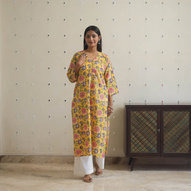  Yellow Block Print Cotton Straight Sanganeri Kurta 